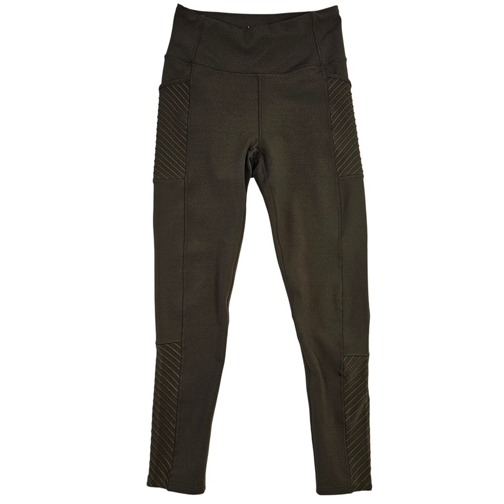 Nicole Miller Sport‎ Womens Moto Leggings Olive Green Ribbed Pockets Medium